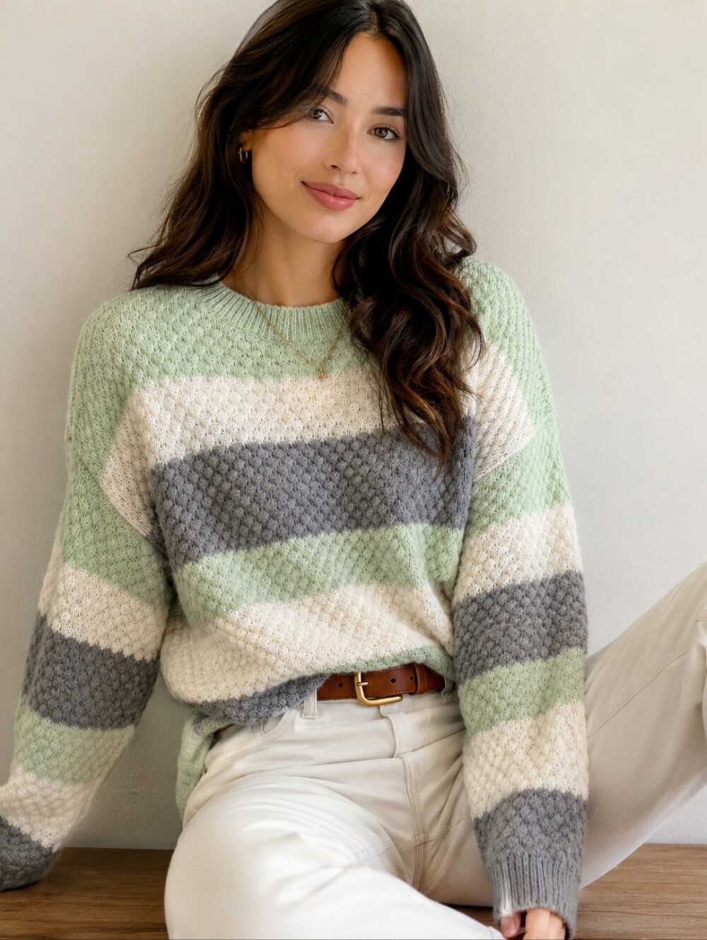 Vintage Cozy Intricate Hand Knit Colour Block Striped Sweater